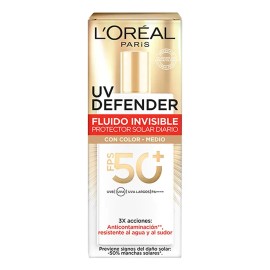 L'oreal Paris Uv Defender Fluido Tono Medio Protector Solar Diario Fps50+ Con Ácido Hialurónico, Hidrata, Previene Líneas De Expresión Y Protege De Rayos Uv, 40ml.