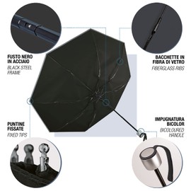 PERLETTI Reflective Umbrella for Men Women - Umbrella Pocket Umbrella Windproof Stable with Reflector for High Visibility - Manual Mini Umbrella Storm Resistant Girls Boys - Diameter 98 cm, black