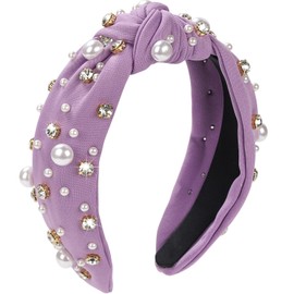 WantGor Pearl Knotted Headband, Women Rhinestone Embellished Hairband Elegant Wide Top Knot Bride Headbands Headpieces Party Fashion Elegant Ladies Hair Band Hair Hoop Accessories (Purple)