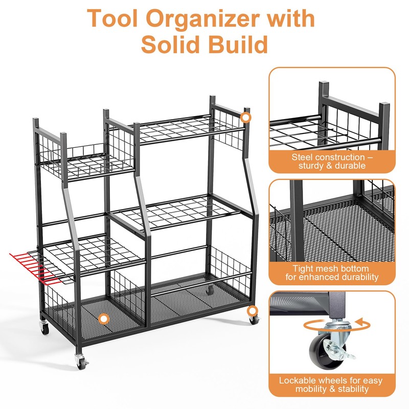 Garden Tool Organizer with Wheels for Garage, Freestanding Garage Tool