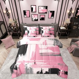 Erosebridal 7 Pieces Pink and Black Abstract Comforter Set Queen Black and Pink Comforter Set for Kids Girls Women Geometric Modern Art Bedding Set for Boys Teens Adults Girly Fashion Bed in A Bag