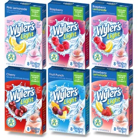 Wyler's Light Singles To Go Drink Mix, Variety 6 Pack, Pink Lemonade, Strawberry Lemonade, Fruit Punch, Cherry, Raspberry, and Raspberry Lemonade (48 Drink Sticks Total)