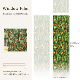 funlife Original Hand-Drawn Privacy Stained Glass Window Film, Single Sided Static Cling Window Cling, Non-Adhesive Glass Windows Decor for Window Glass Door, Spring Green Daffodil, 16.93"x112.99"