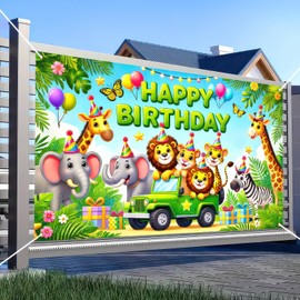 BlissYard Happy Birthday Banner Jungle Theme Backdrop for Boys Girls 71x43 Inch Safari Backdrop for Birthdays Party Lion Birthdays Decorations Happy Birthday Banner for Wall Indoor Outdoor Use