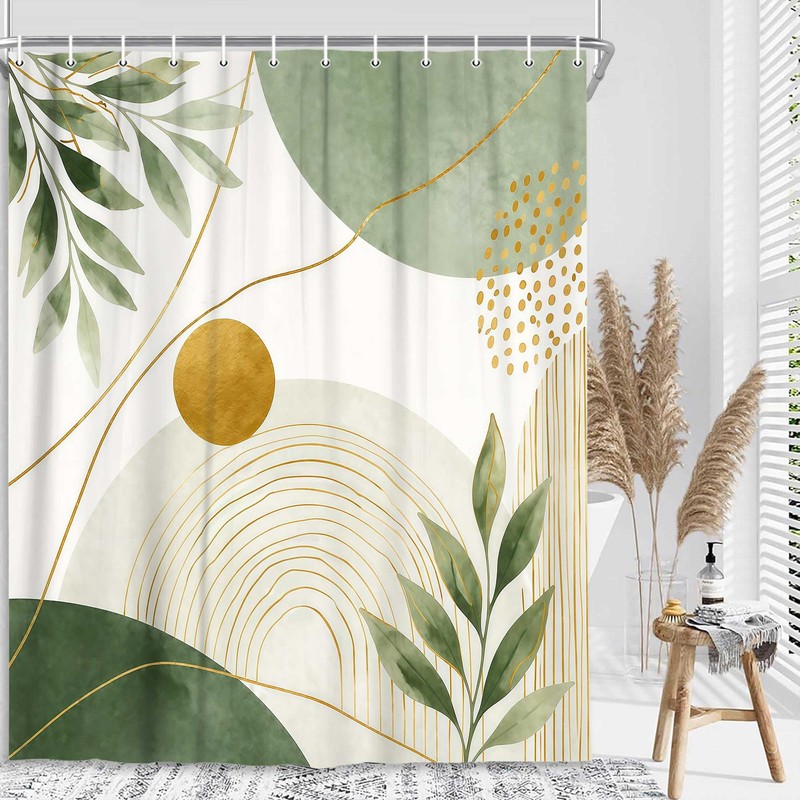 DYNH Sage Green Shower Curtain, Modern Abstract Gold Leaves Bathtub