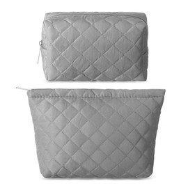 Huhumy 2 Pcs Quilted Makeup Bag Aesthetic Cosmetic Pouch for Women Puffer Travel Toiletry Bag Set Cotton Small Purse Pouch Pencil Case Makeup Organizer with Zipper(Gray)