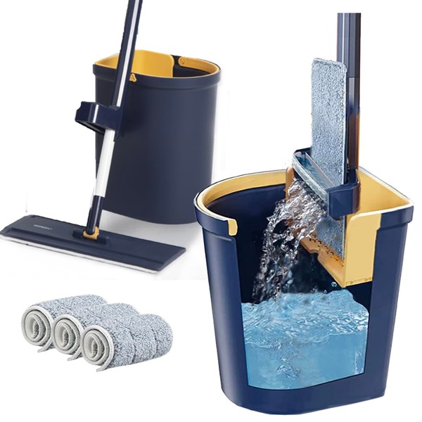 YMCF Products Flat Floor Mop and Bucket Set with Hands-Free and Self-Wringing | Mop for Floor Cleaning, Floor Mop with Reusable Microfiber Mop Pad, for Hardwood, Laminate and Tile Floors, (Navy)