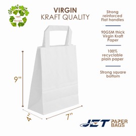 JET PAPER BAGS - 7”x4”x9” [100 Pcs] Small White Paper Bags with Handles Prime for Takeout, Grocery, Goody, Retail, Party, Gifts, Weddings - Recyclable Kraft Paper Gift Bags with Handles
