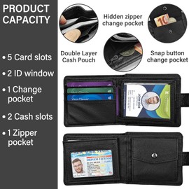 AdiStylinno Men's Wallet Leather Minimalist Slim Wallet with Coin Pocket Large Capacity Purse Bifold Wallet with 7 Card Slots 2 Cash Slots 1 Zip Compartment, black, Retro