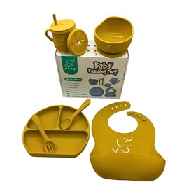PAPU BABY Set de Alimentación - 1 Babero, 1 Plato Hondo/Bowl, 1 Plato de Divisiones, Vaso con Popote y Tapa de Snack, Tenedor y Cuchara de Silicón 100