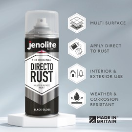 JENOLITE Directorust Gloss Spray Paint | BLACK | 400ml (13.52 oz) | Direct To Rust Spray Paint For Metal | Multi Surface Gloss Spray Paint For Wood, Metal, Plastic, Ceramic | RAL9005