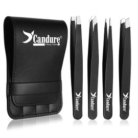 Candure Tweezers for Eyebrows - Professional Stainless Steel Slanted and Pointed Tip Hair tweezers Set for Ingrown Hair, Blackhead Removal, Eyelash Extension, Eyebrows Plucking Beauty Tool for Women