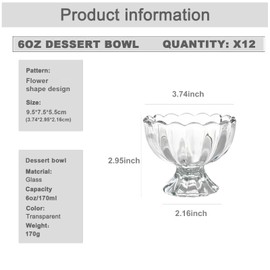 DNIENKGE Iced Cream Dessert Bowl，Set of 12，6oz Vintage Glass ware with Heavy Base, Drinking Cup for Sundae, Fruit, Ice Cream, Snack, Condiment (12)