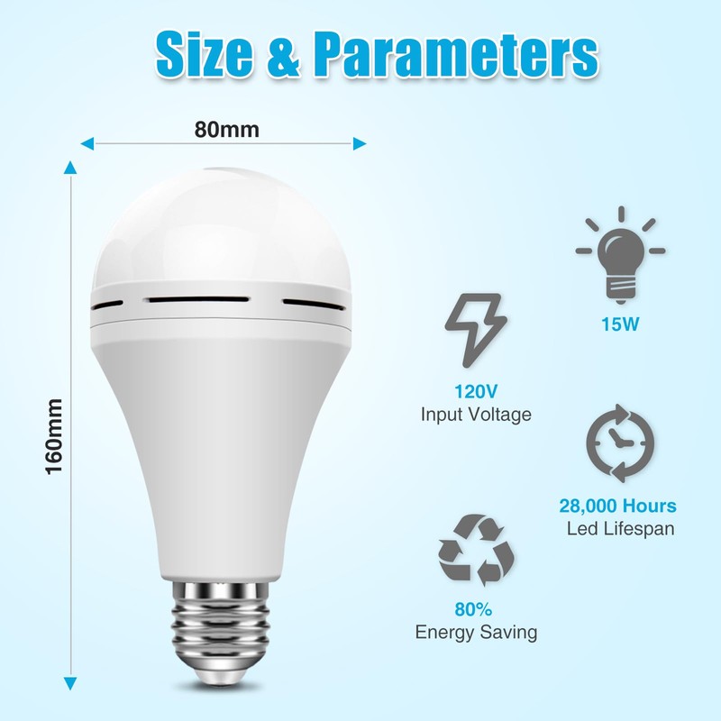 Rechargeable Light Bulbs, Back Up Battery Light Bulbs, 15W 80W