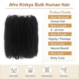 Afro Kinkys Bulk Human Hair 20 Inch Afro Kinky-curly Human Hair Bulk for Twist Dreadlock Extensions Repair Locs and Braids 1Bundle (Natural Black, 20inch)