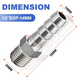 Bwintech Pack of 10 Stainless Steel Hose Fittings, 1/2 Inch BSP Male Thread x 14 mm Hose Connector with 10 Pieces Clamps