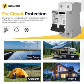 YQBYJING DC Circuit Breaker 63 Amp Solar Panel Disconnect Switch 12V-500V 2 Poles Miniature Solar Circuit Breaker for Outdoor PV Homes Battery, AC 110V DIN Rail MCB