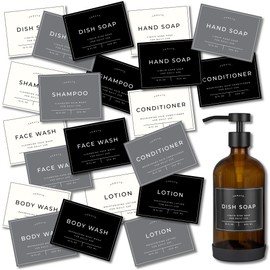 Verute Waterproof Labels for Amber Glass Soap Dispenser and Plastic Bottles 3.15"x2.35" Peel & Stick - Kitchen, Bathroom & Shower Set - 21 Pieces (White, Grey, Black)