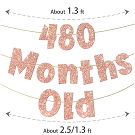 480 Months Old Banner, 40th Birthday Decorations Party Supplies for Women, Funny 40 Years Old Birthday Bunting Sign, Rose Gold Glitter