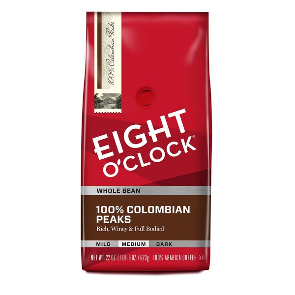 Eight O'Clock Coffee 100% Colombian Peaks, Medium Roast, Whole Bean Coffee, 22 Ounce (Pack of 1), 100% Arabica, Kosher Certified