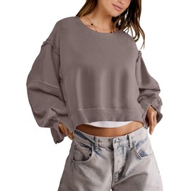 ANRABESS Womens Cropped Sweatshirts Oversized Crewneck Long Sleeve Tops 2025 Fall Winter Loose Pullover Teen Girls Clothes Brown Small