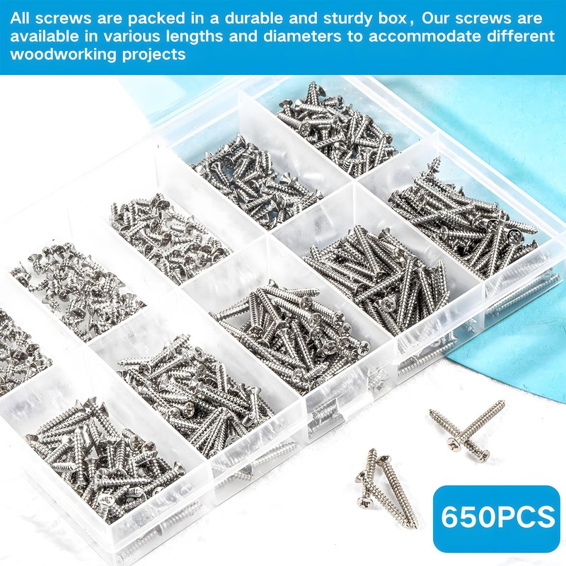 Zmbroll M2 Silver Countersunk Head Self-Tapping Screws 650Pcs Phillips Drive