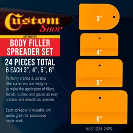 Custom Shop 24-Piece Body Filler Spreader Set, 6 Each 3", 4", 5", & 6" - Apply Spread Automotive Body Fillers, Putties, Glazes, Caulking - Autobody Paint Repairs, Fix Car Dents - Reusable Plastic