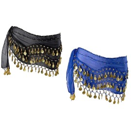Hitopin 2 Pieces Belly Dance Hip Scarf, Belly Dancing Skirt with 128 Gold Coins, Belly Dance Hip Skirt, Belly Dancing Skirt Hip Scarves, for Belly Dance Yoga Class, Women (Black, Blue)