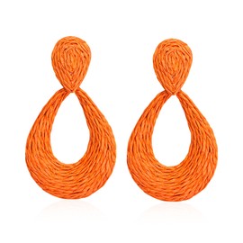 Chanaiqw Teardrop Handmade Statement Raffia Earrings Cute Boho Rattan Dangle Lightweight Straw Wrap Summer Drop Dangling Earrings for Women (Orange)