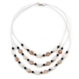 Avalaya 3 Strand White/Brown/Black Shell and Ceramic Bead Wire Layered Necklace - 60cm L
