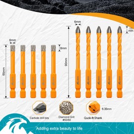 EXFEIN Tile Drill Bits Kit 6mm 5pcs Quick-fit Shank& 6mm 5pcs Carbide Drill Bits for Drilling Ceramic Porcelain Tile Marble Granite Masonry