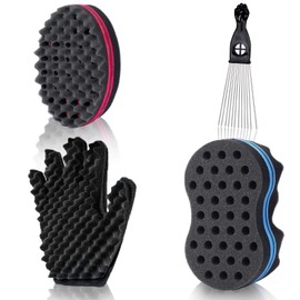 YEZEY 3Pcs Magic Twist Hair Sponges, Big Holes Sponge Brush for Hair, Curling Sponge Glove for Men Women Curls with 1 Extra Long Metal Afro Pick( 9.2 inch)