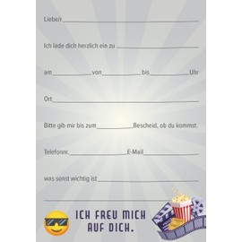 12 Premium Invitation Cards for Children's Birthday Parties + 12 Envelopes, Postcard, 10.5 x 14.8 cm, with Pre-Printed Text on the Back, Invitation Cards, Children, Kids, Birthday, Cinema