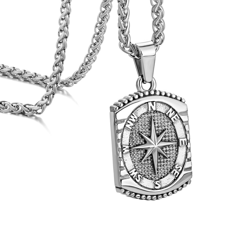 murtoo Pendant Necklace for Men, Stainless Steel Compass Mens Necklace