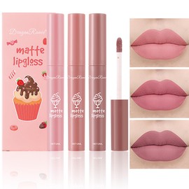 Tiejdhr 3Pcs Nude Matte Lipstick Set, Ice Cream Velvet Smooth Matte Lip Gloss, 24 Hour Natural Long Lasting & Nourishing Lip Glaze Non-stick Cup for Women Makeup (Set A)