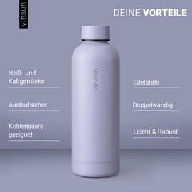 Vinsun Drinking Bottle Stainless Steel Purple 500 ml - Double-Walled Insulated, Leak-Proof, Suitable for Carbonated Drinks - Lightweight Thermal Flask, Cold & Hot Drinks