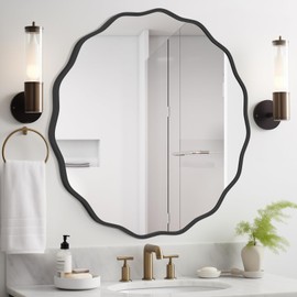 WallBeyond Round Wavy Mirror for Wall Decorative 32 inch, Modern Round Mirror Aluminum Frame Circle Wall Mirror for Bathroom Bedroom Living Room Home House Office Entryway, Black
