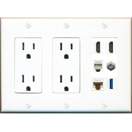 Wallplate City 2 HD Coax CAT6-RJ45 Phone Jack USB Keystone F/F Wall Plate-2 Outlet White