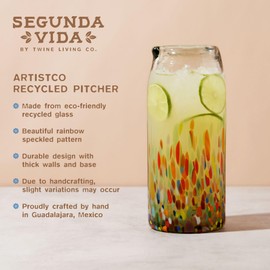 Segunda Vida Artistico Recycled Glass Carafe, Hand Blown Recycled Glass Pitcher, Home Cocktail Bar Gifts, Colored Glass Mexican Pitcher, Multicolor 42oz Set of 1