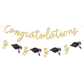 LYNSAN Congratulation Garland Banner, Graduation Decoration, Exam Passed Hanging Decoration, Graduation Hat, Gold Graduation Wall Decoration for Graduation Party, Graduation Party