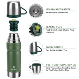 Vacuum Insulated Water Bottle Thermo Water Flask with Cup 680ml/23oz Stainless Steel Thermal Water Bottles Thermo for Hot and Cold Drinks Coffee Water(Green,Single)