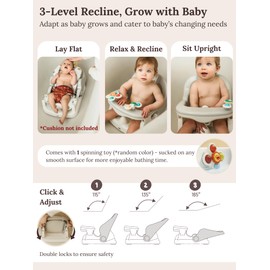 Cuddobaby Baby Bath Seat 3-in-1 【360° Protection Against Side Tipping, 3-Level Adjustable】 ASTM Approved Safety, Detachable Arm, Sitting Up or Lying, Strong Suction, Fit for Flat Surfaces - Gray