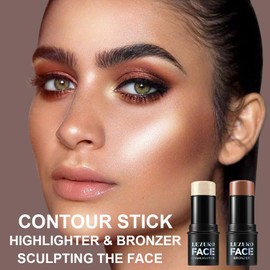 2Pcs Contour Stick with Brush Set, Highlighter and Bronzer Face Stick for Face Shaping, Long Lasting Waterproof Silky Cream Contouring Stick for Sculpt the Face, Non-Greasy Formula (#7、#13, Brush)