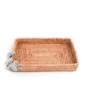 Vagabond House Handmade Wicker Tray, Small Rectangle Catchall Tray with Pewter Orchid Detail, Rattan Tray Woven Handmade Priemer Rattan Tray 12 X 9 Inches Small Designer Statement Tray