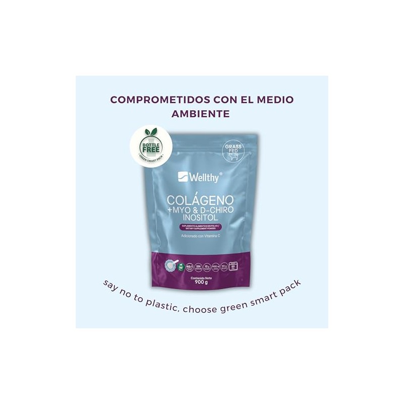 Wellthy Colageno Hidrolizado Myo Chiro Inositol 900g Ratio Azúcar Scoop