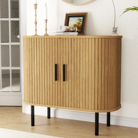 35" Fluted TV Stand, Mid Century Modern Entertainment Center with Storage, Sliding Doors & Adjustable Shelves, Small TV Stand for Living Room, Bedroom