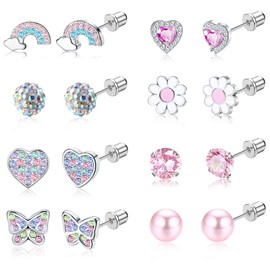 Adramata 8 Paar Ohrringe für Damen Mädchen Edelstahl Hypoallergen Ohrringe Mehrfarbig CZ Schraubverschluss Mädchen Ohrringe Set Regenbogen Schmetterling Blume Ohrstecker Mädchen Ohrringe für Kinder