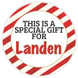 This is a Gift for Landen - 25 Pack Circle Stickers 3 Inch - Candy Cane Merry Christmas Gift Tag Present Tree Holiday Custom Name Santa Claus