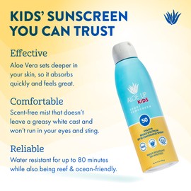 Aloe Up Kids Continuous Sport Sunscreen Spray SPF 50 - Broad Spectrum Sheer Face and Body Sunscreen Protector for Sensitive Skin - With Aloe Vera Gel - Dries Fast - Reef Safe - Fragrance-Free - 5.5 Oz