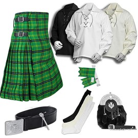 UMAM Tartan Men's Kilt Set - 08 Pieces Kilt Accessories for Men, Scottish Wedding Outfit (American Green,36")